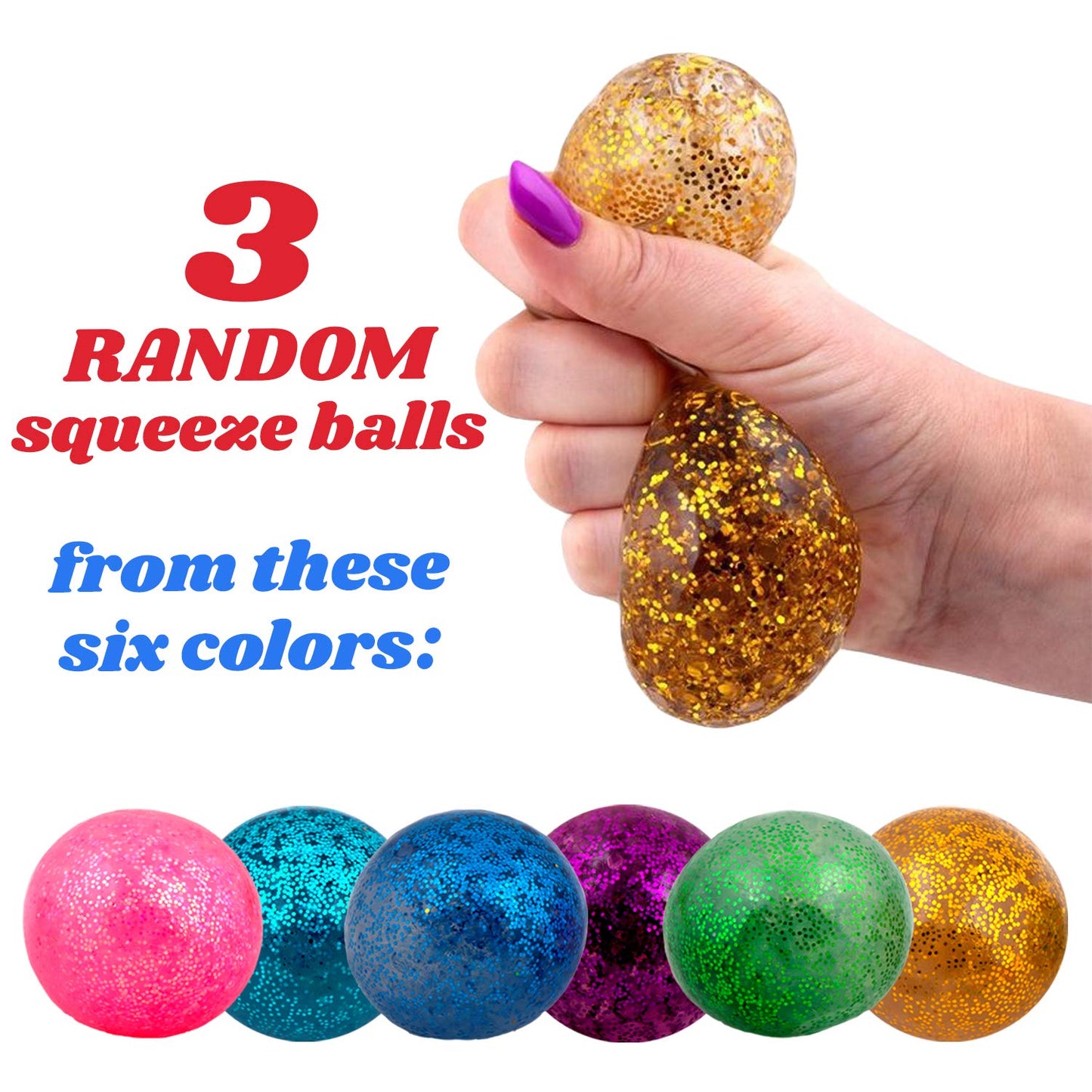 Squishy Toys - Random Colors Glitter Squeeze Balls - 2.8 Inch Gift Stress Balls for Kids - Stress Relief Toys - Anti Stress Ball Pack