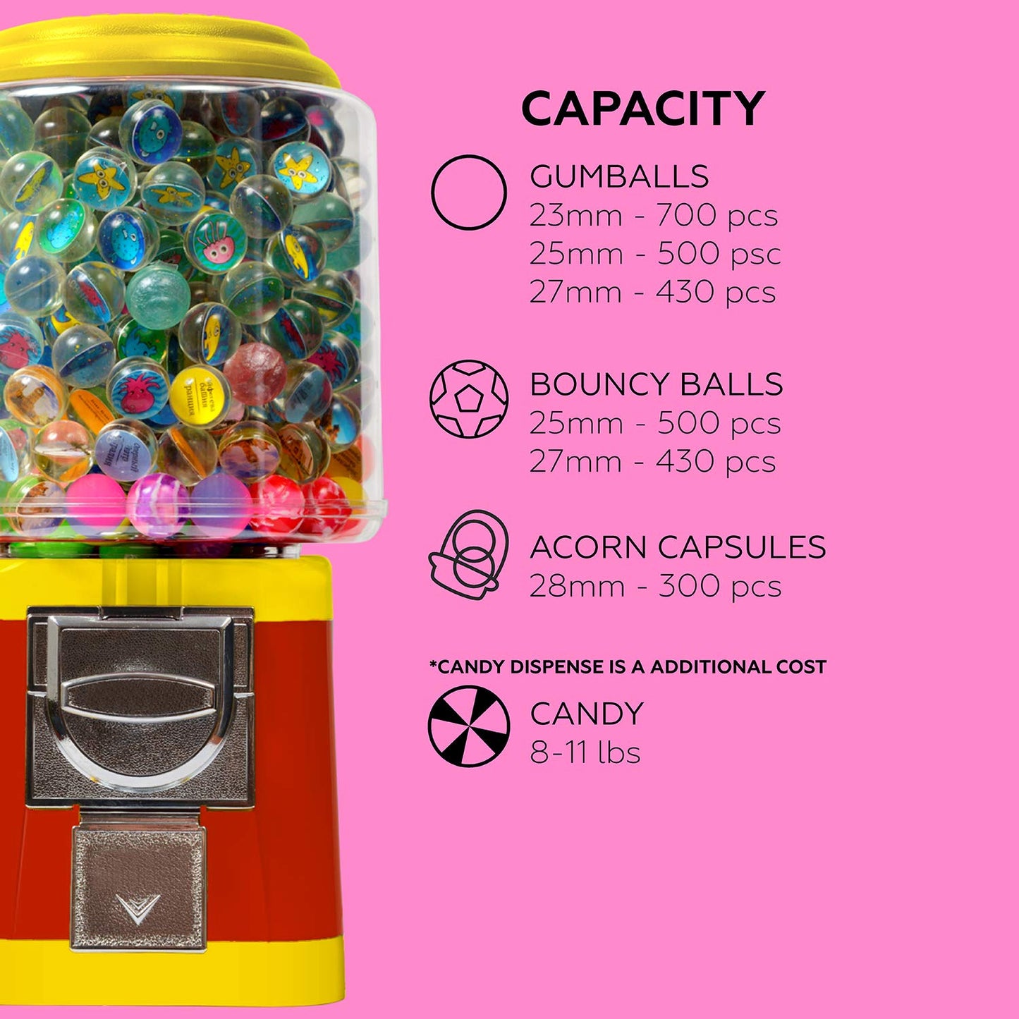 Gumball Vending Machine & Bouncy Balls Vending Machine & Toys Vending Machine & Capsule Vending Machine - Yellow Body & Red Trim - Without Stand