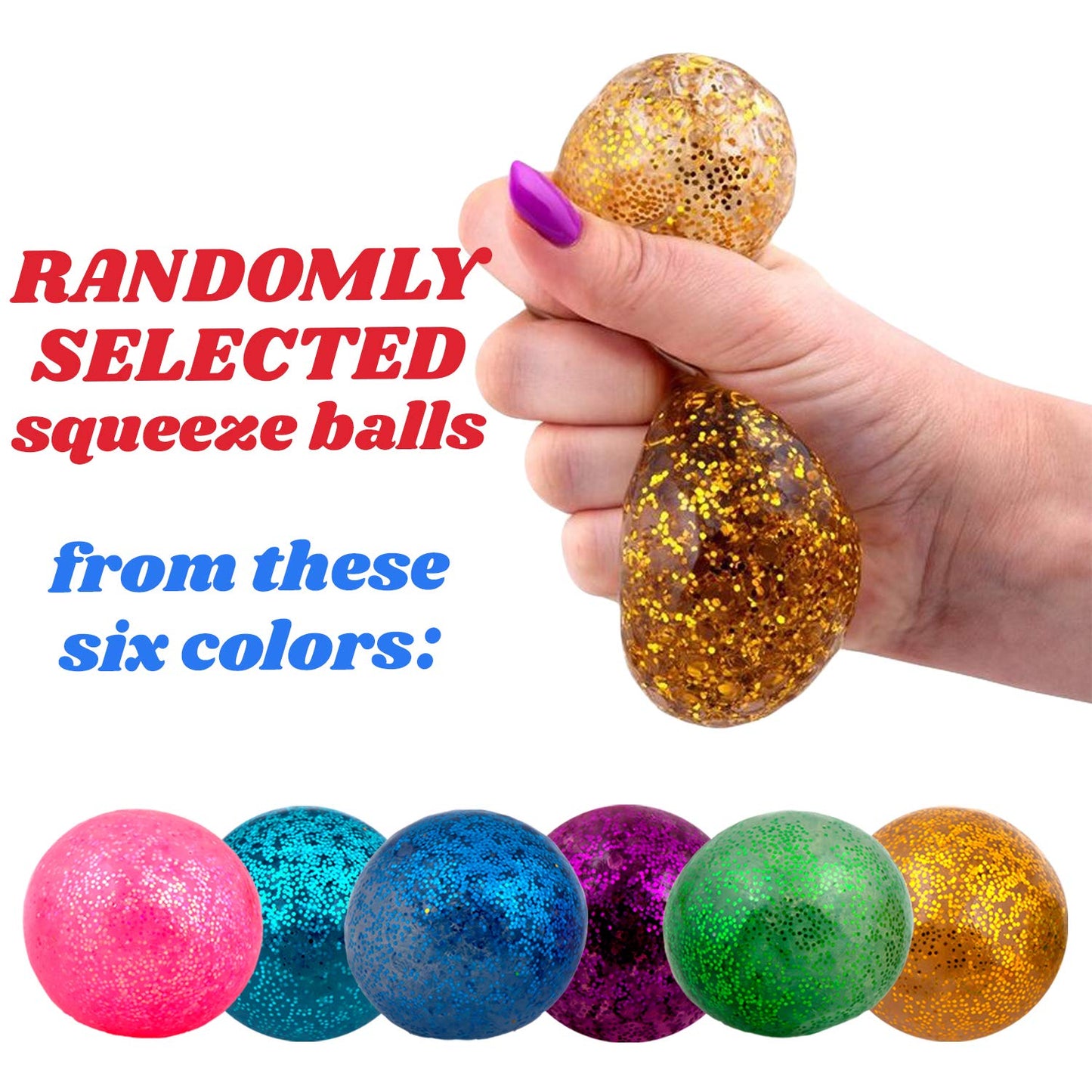 Squishy Toys - Random Colors Glitter Squeeze Balls - 2.8 Inch Gift Stress Balls for Kids - Stress Relief Toys - Anti Stress Ball Pack