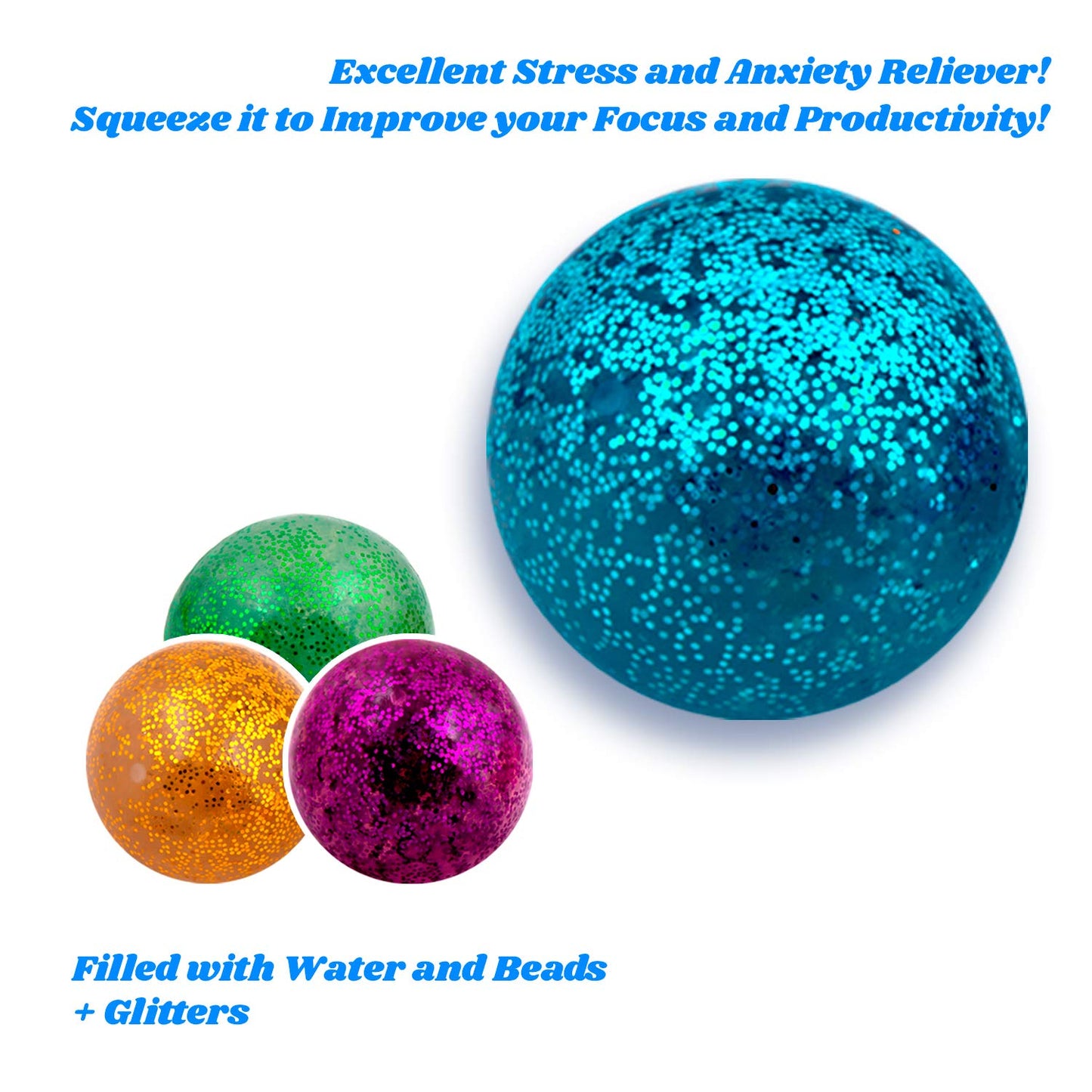Squishy Toys - Random Colors Glitter Squeeze Balls - 2.8 Inch Gift Stress Balls for Kids - Stress Relief Toys - Anti Stress Ball Pack