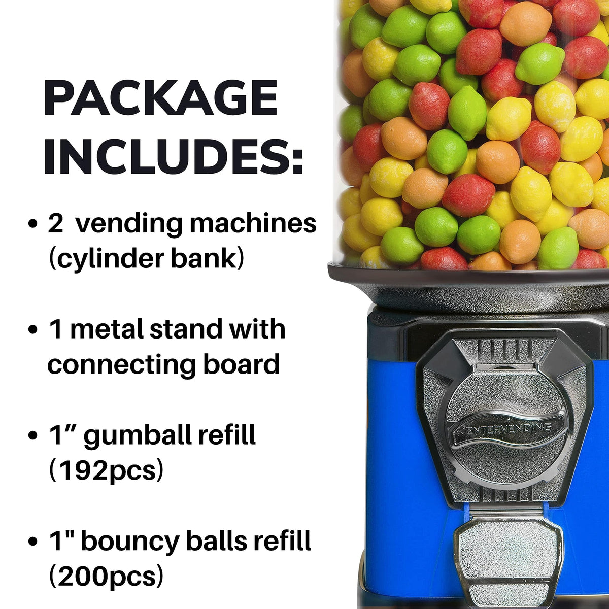 2 Blue Vending Machines Bundled with Refill - 3.4LB of 1" Gumballs Bag, 1" Bouncy Balls 200 pcs - Cylinder Bank Bubble Gum Machine for Kids