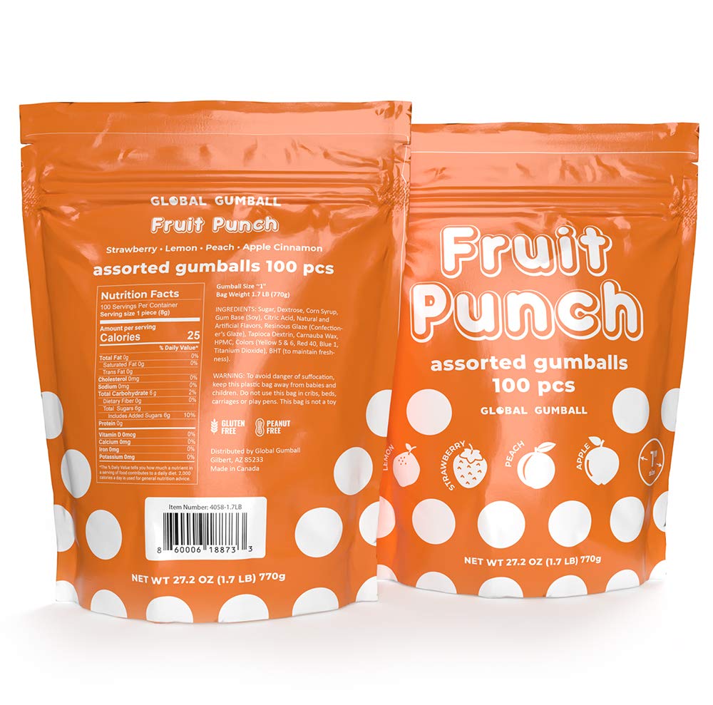 1 Inch Large Gumballs - Fruit Punch Big Gum Balls in Resealable Bag - 1.7 Lb Gumball Machine Refills - 100 Pcs Giant Gumballs - Assorted Gum Refill