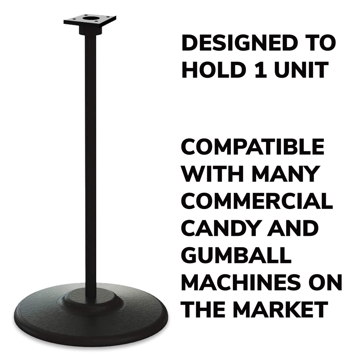 Single Black Metal Stand with Square Base for Candy Gumball Bulk Vending Machines