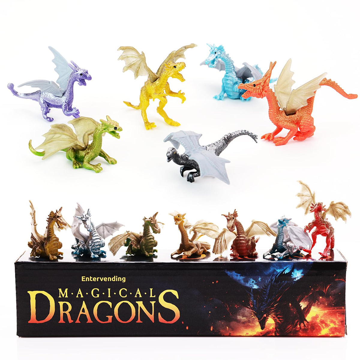 18 Pcs Dragon Playset in The Box - Dragon Figurine for Party Favors - Classroom Prizes Pinata Stuffers - Dragon Toy Goodie Bag Supplies