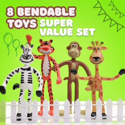 Bendable Zoo Animals 8 pcs 4 inch Wild Animal Toys in 4 Designs - Flexible Safari Animals Figures Party Favors Jungle animals - Pinata Stuffers Rainforest Animals Figures Stress Educational Toys