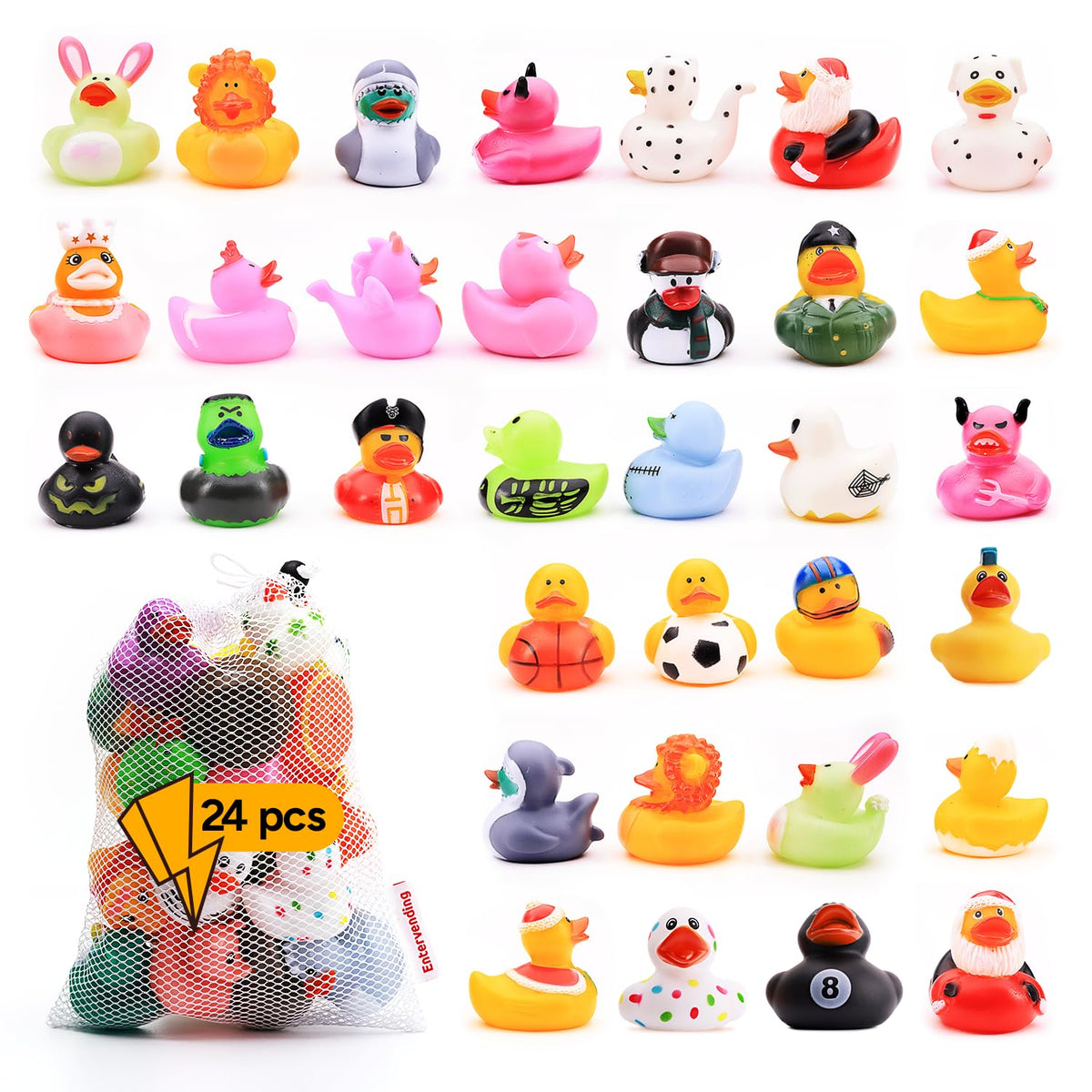 Rubber Duck Toy Assortment - Ducky Playset Bath Toys in Mesh Bag - Jeep Ducks for Ducking - Rubber Duckies for Beach Pool - Goody Bag Stuffers Classroom Prizes 24 Pcs