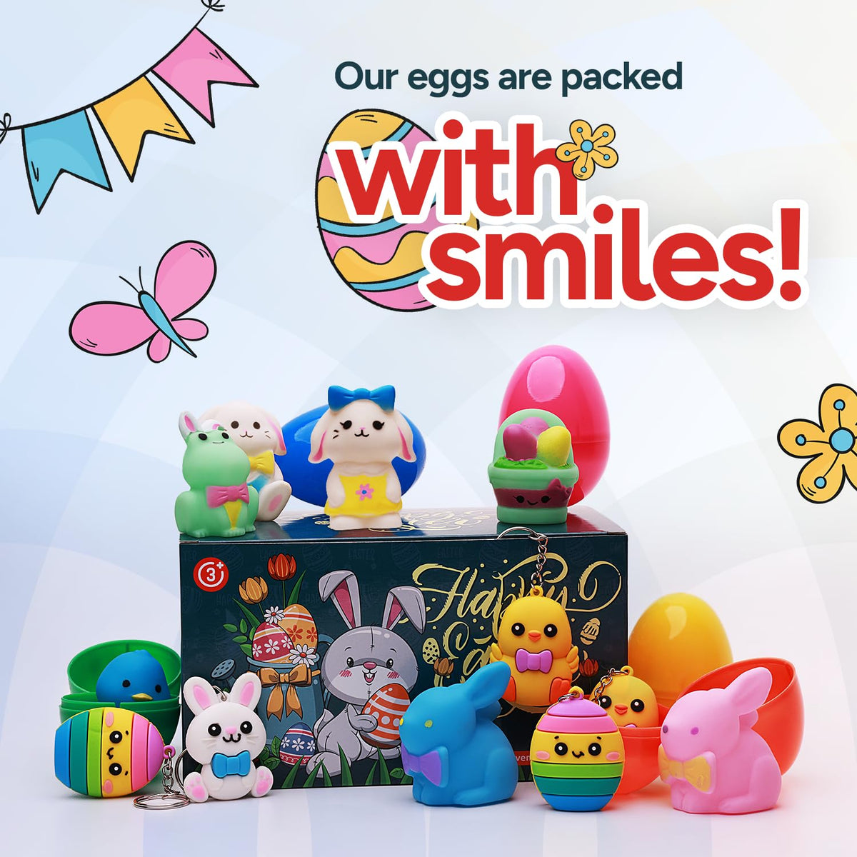 Easter Eggs with Toys - Large 3" Plastic Easter Eggs in Box - Easter Gifts for Kids - Easter Eggs Filled with Surprise Toy