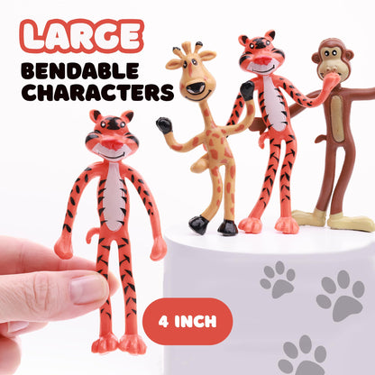 Bendable Zoo Animals 12 pcs 4 inch Wild Animal Toys in 4 Designs - Flexible Safari Animals Figures Party Favors Jungle Animals - Pinata Stuffers Rainforest Animals Figures Stress Educational Toys