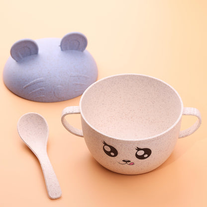 Wheat Straw Bowl with Lid and Spoon for Kids, Cute Design, 3 colors