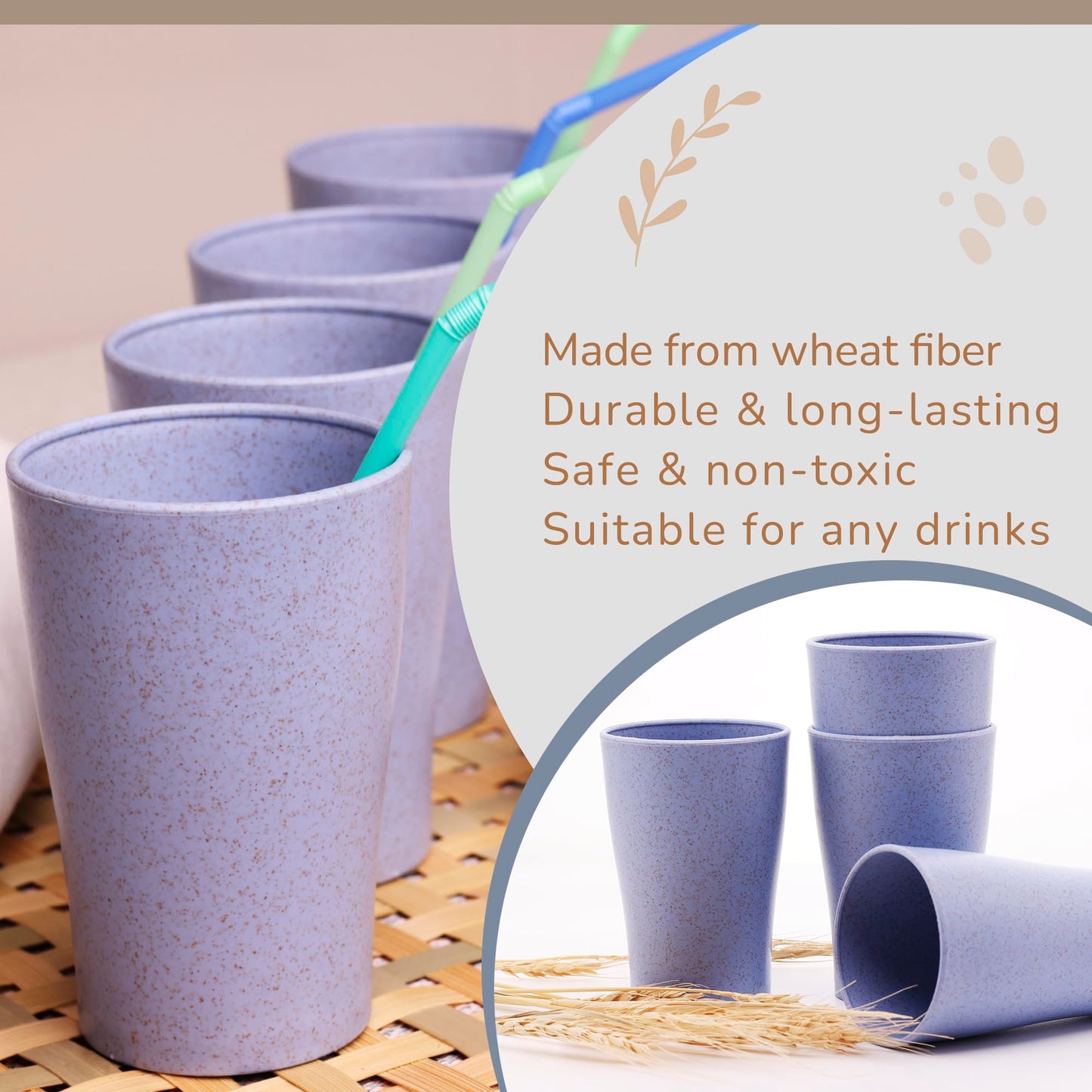 Wheat Straw Cups Set of 4 PCS - Lightweight Wheat Straw Fiber Drinking Glasses - Microwave & Dishwasher Safe - Wheat Straw Dinnerware Sets