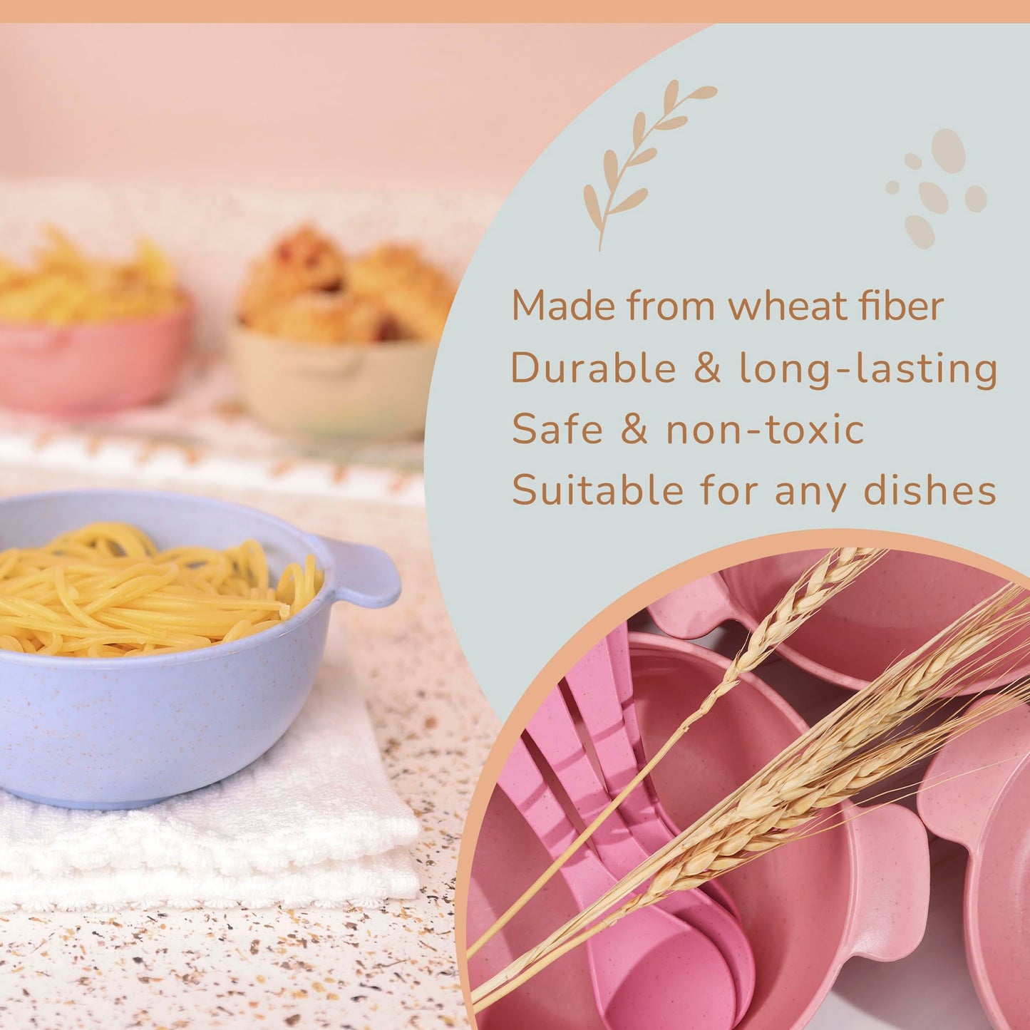 Wheat Straw Bowls with Handles, Set of 4, Light Weight & Reusable, 4 Colors, Dishwasher & Microwave Safe