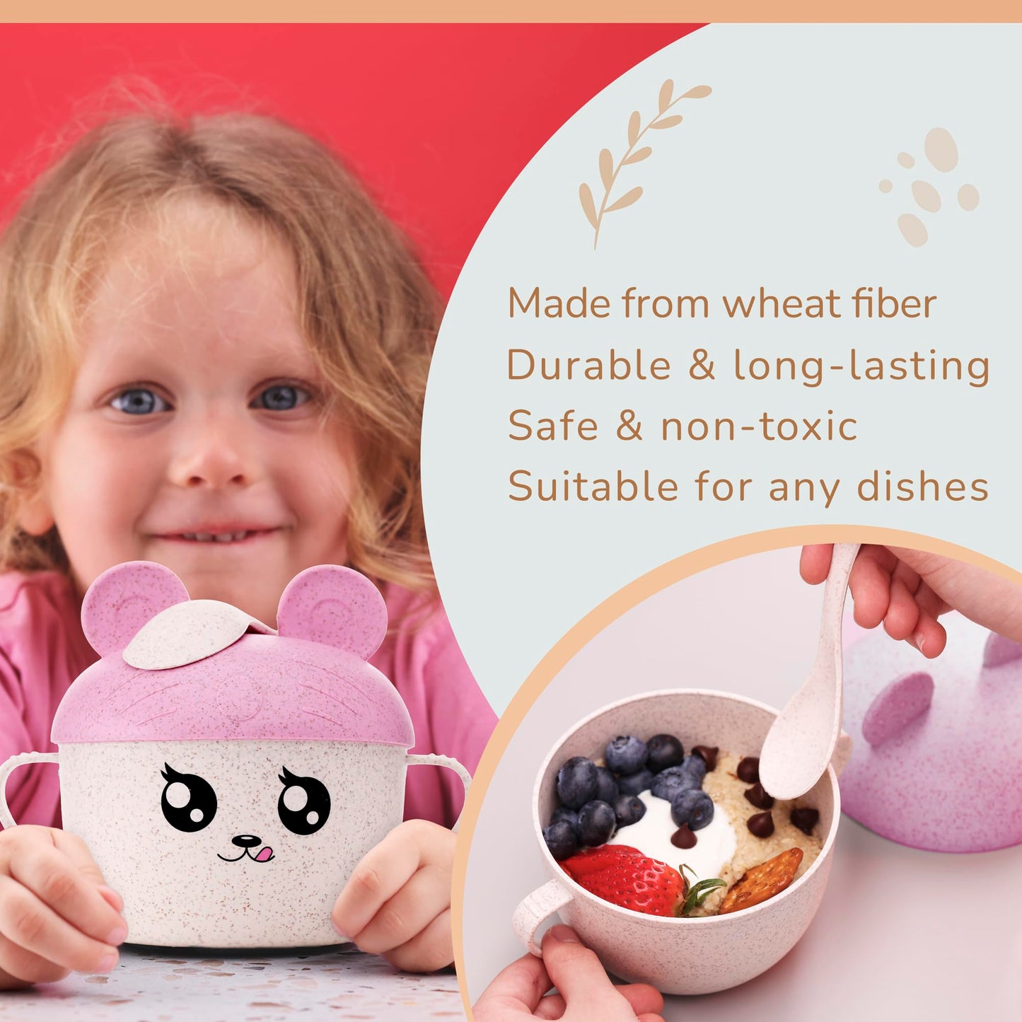 Wheat Straw Bowl with Lid and Spoon for Kids, Cute Design, 3 colors