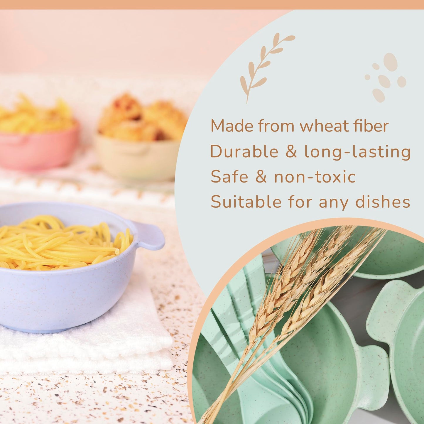 Wheat Straw Bowls with Handles, Set of 4, Light Weight & Reusable, 4 Colors, Dishwasher & Microwave Safe