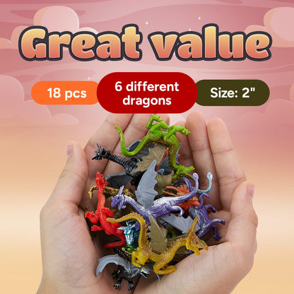 18 Pcs Dragon Playset in The Box - Dragon Figurine for Party Favors - Classroom Prizes Pinata Stuffers - Dragon Toy Goodie Bag Supplies