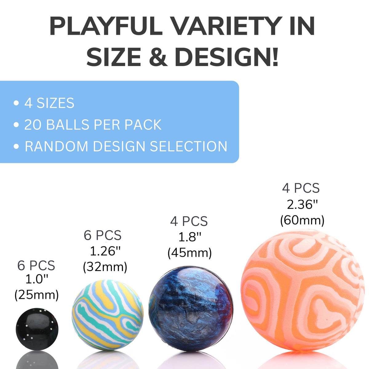 Bouncy Balls - 20 pcs Mega Mix Bouncing Balls Assorted Pack - 4 Sizes: 60mm, 45mm, 32mm and 25mm - Bouncy Balls for Kids - Bouncy Ball Toys for Capsule Vending Machine - Party Favors