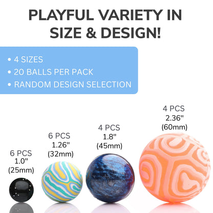 Bouncy Balls - 20 pcs Mega Mix Bouncing Balls Assorted Pack - 4 Sizes: 60mm, 45mm, 32mm and 25mm - Bouncy Balls for Kids - Bouncy Ball Toys for Capsule Vending Machine - Party Favors