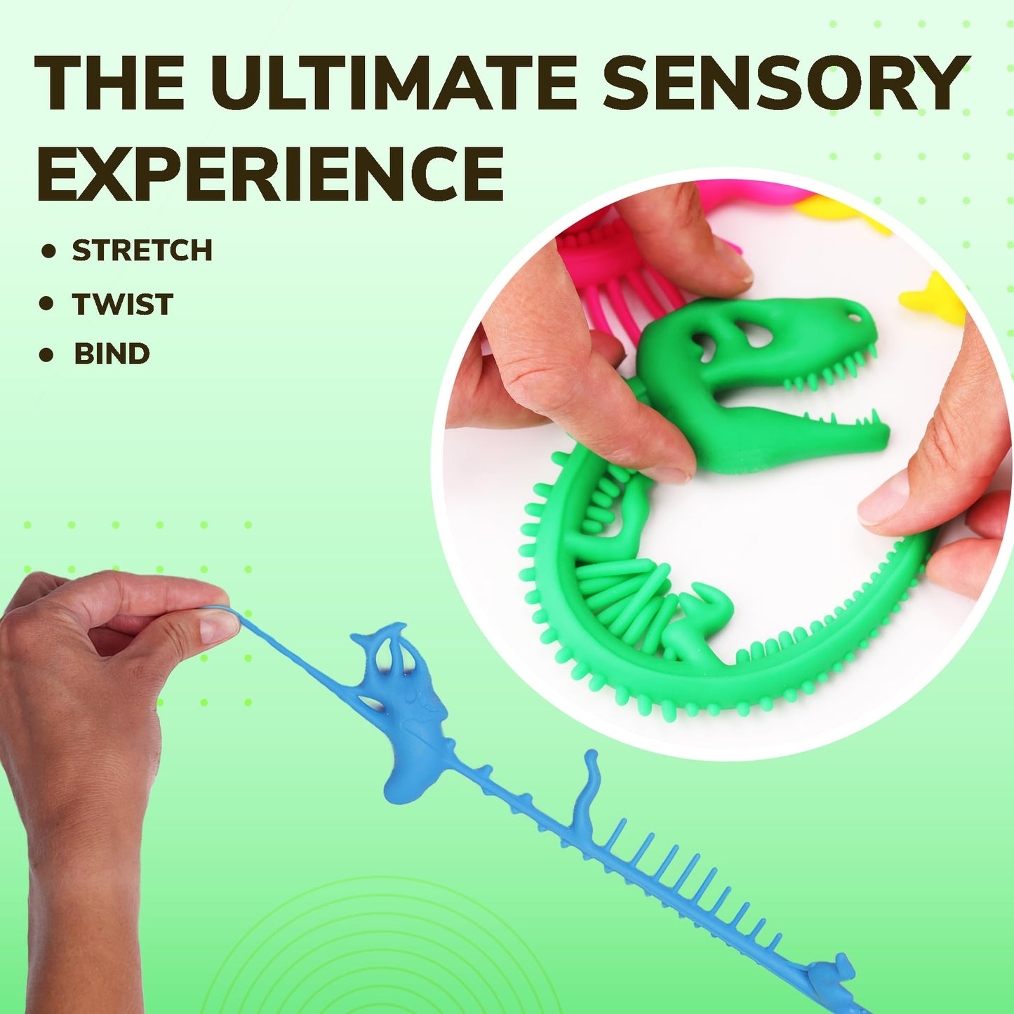 Dinosaur Toys - Stretchy Strings Fidget Toy for Kids - 9” Fun and Colorful Sensory Toys for Stress Relief