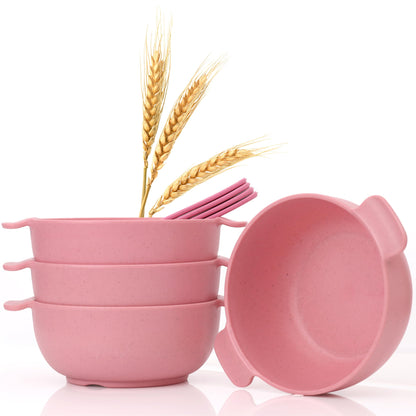 Wheat Straw Bowls with Handles, Set of 4, Light Weight & Reusable, 4 Colors, Dishwasher & Microwave Safe