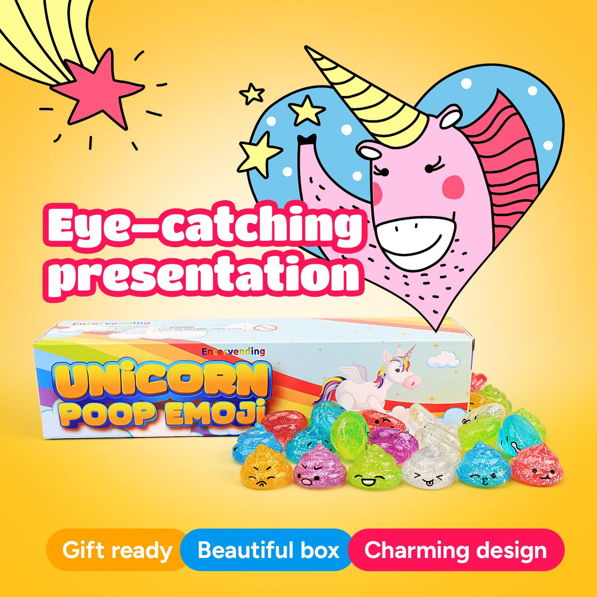 Unicorn Mini Toys in Gift Box - Party Favors - 30 pcs - Glitter Poop Emoji Party Supplies - Shimmering Rainbow Emoji Mini Toys - Vending Machine