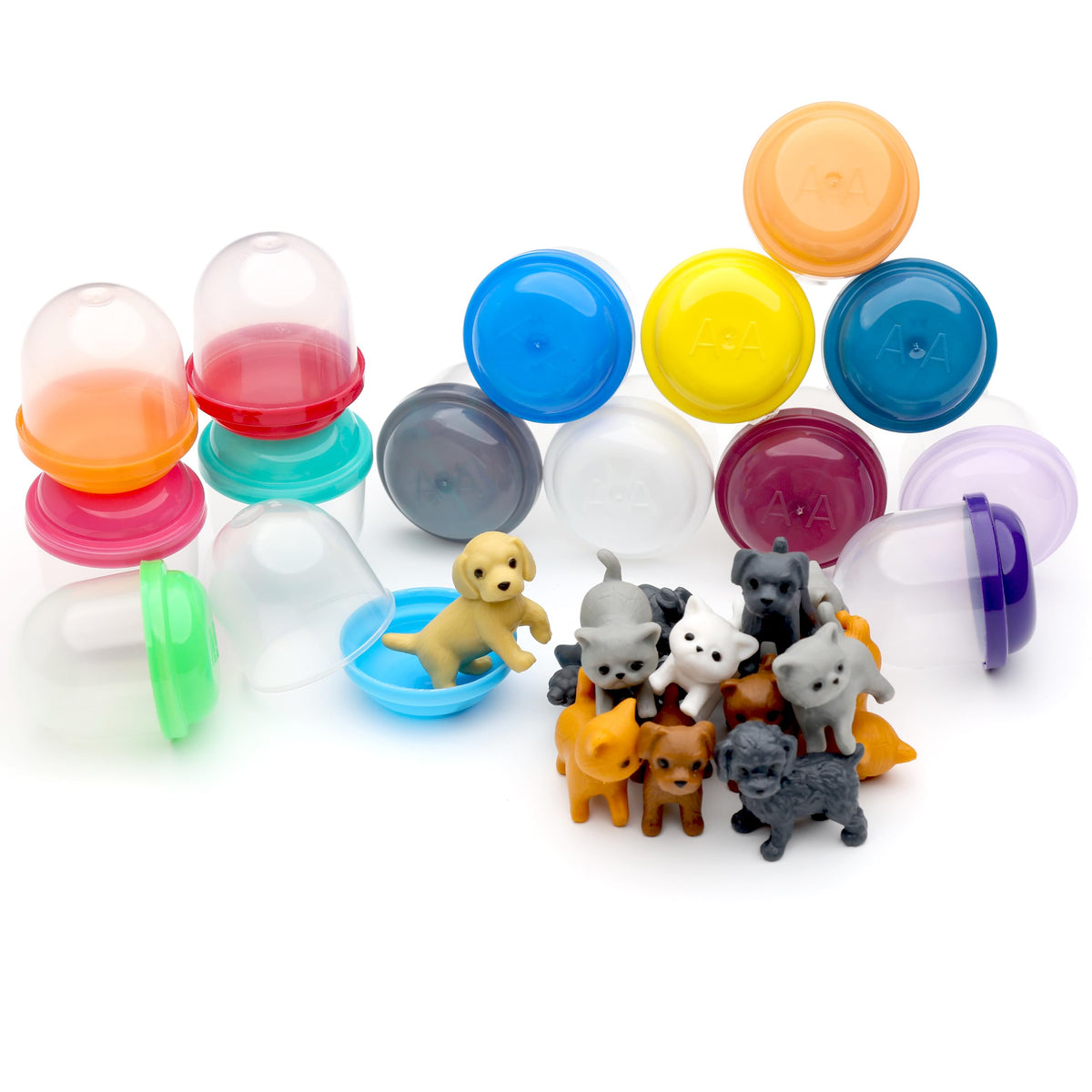 Pet Figurines Toys in Capsule - 50 Pcs - 1.1 Inch Plastic Capsules with Cute Dog and Cat Figurines for Kids - Bulk Toys for Easter Hunt Games - Vending Machines - Classroom Prizes