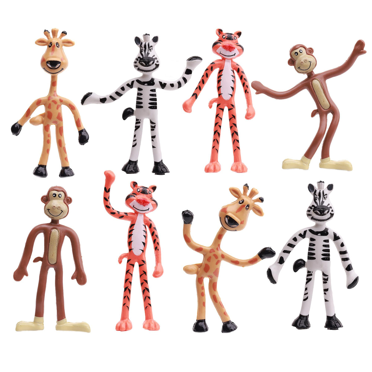 Bendable Zoo Animals 12 pcs 4 inch Wild Animal Toys in 4 Designs - Flexible Safari Animals Figures Party Favors Jungle Animals - Pinata Stuffers Rainforest Animals Figures Stress Educational Toys