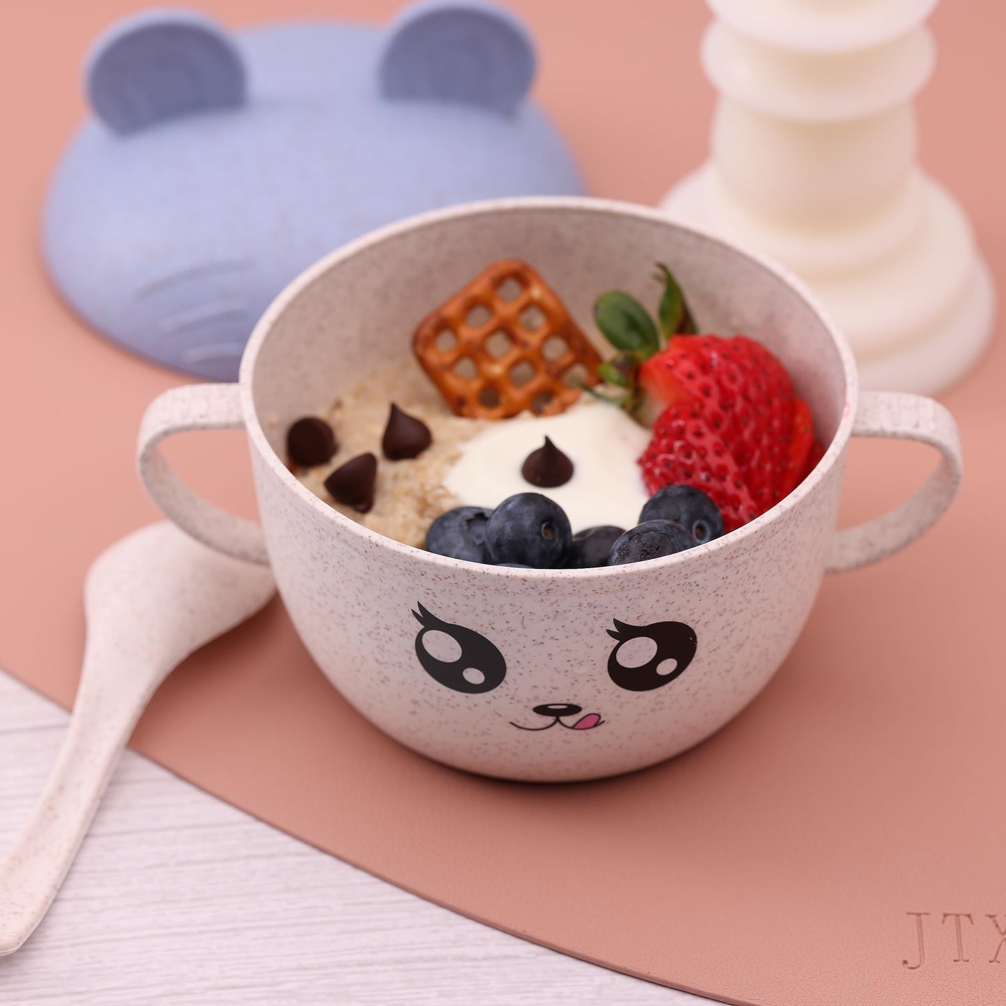 Wheat Straw Bowl with Lid and Spoon for Kids, Cute Design, 3 colors