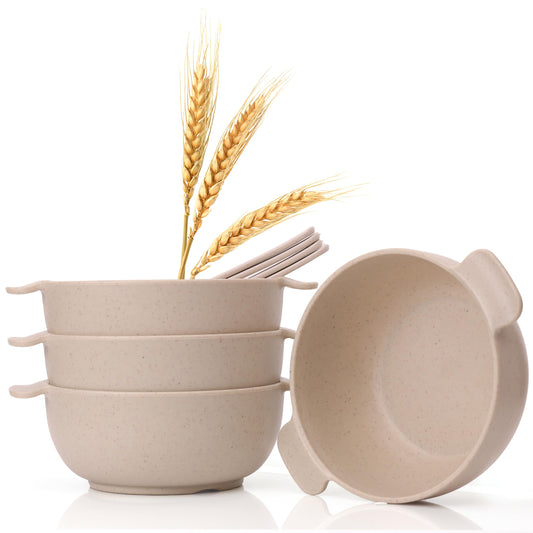 Wheat Straw Bowls with Handles, Set of 4, Light Weight & Reusable, 4 Colors, Dishwasher & Microwave Safe