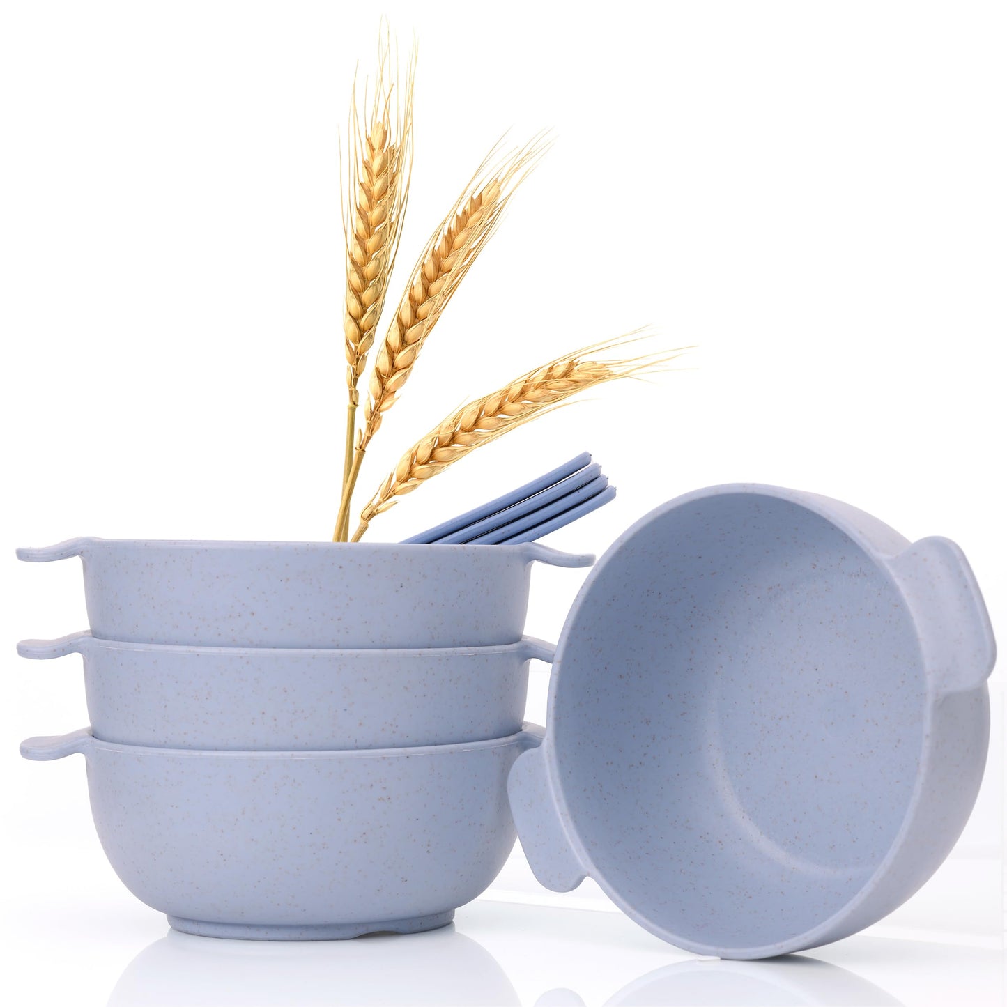 Wheat Straw Bowls with Handles, Set of 4, Light Weight & Reusable, 4 Colors, Dishwasher & Microwave Safe