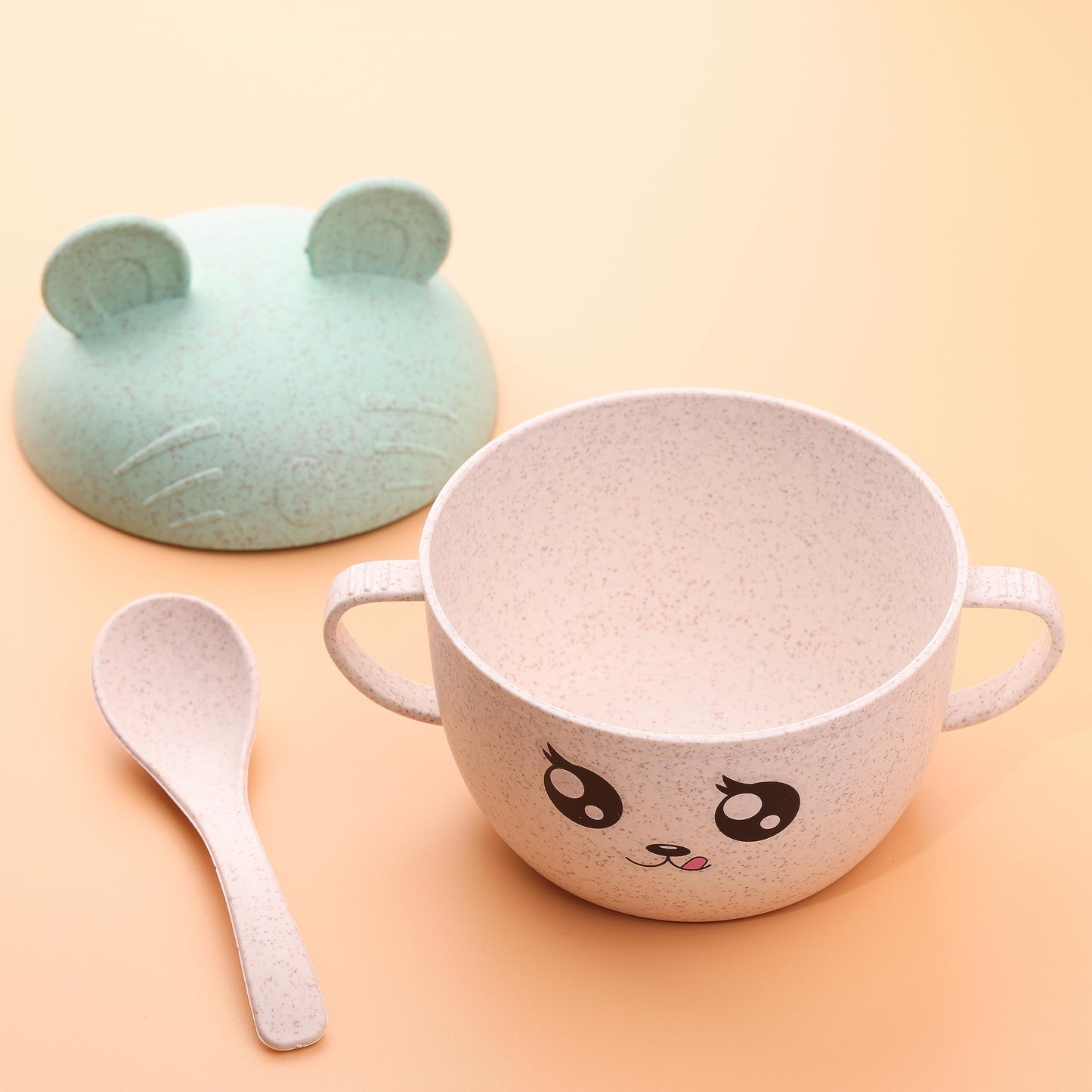 Wheat Straw Bowl with Lid and Spoon for Kids, Cute Design, 3 colors