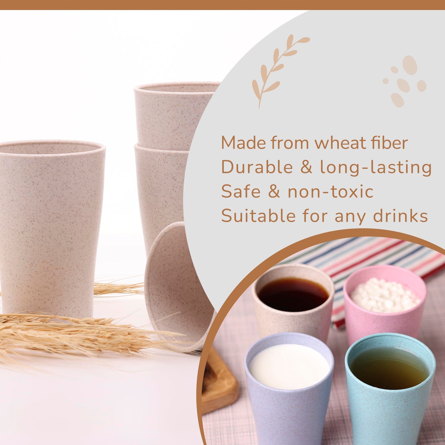 Wheat Straw Cups Set of 4 PCS - Lightweight Wheat Straw Fiber Drinking Glasses - Microwave & Dishwasher Safe - Wheat Straw Dinnerware Sets