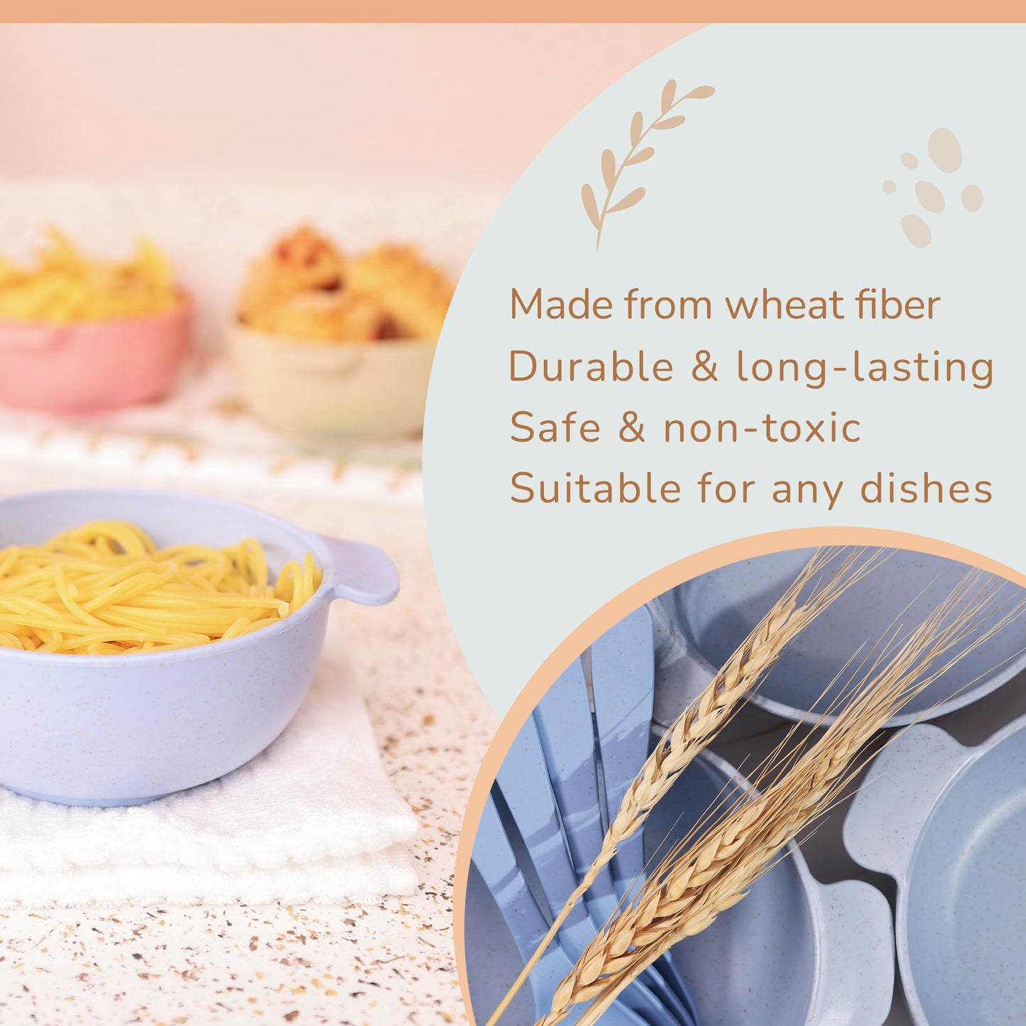 Wheat Straw Bowls with Handles, Set of 4, Light Weight & Reusable, 4 Colors, Dishwasher & Microwave Safe