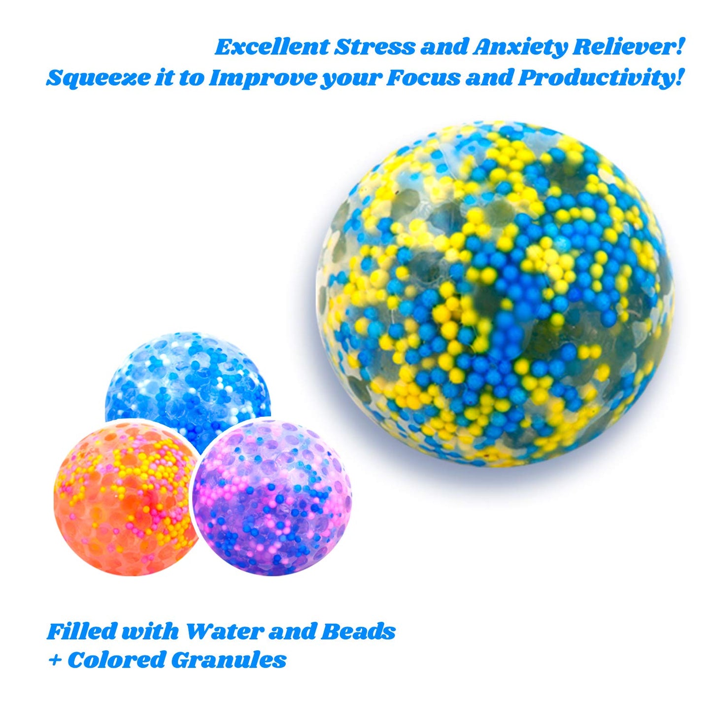 Squishy Ball Set - Random Colors Confetti Squeeze Balls - 2 Inch Gel Stress Balls for Kids - Stress Relief Toys - Anti Stress Ball Pack