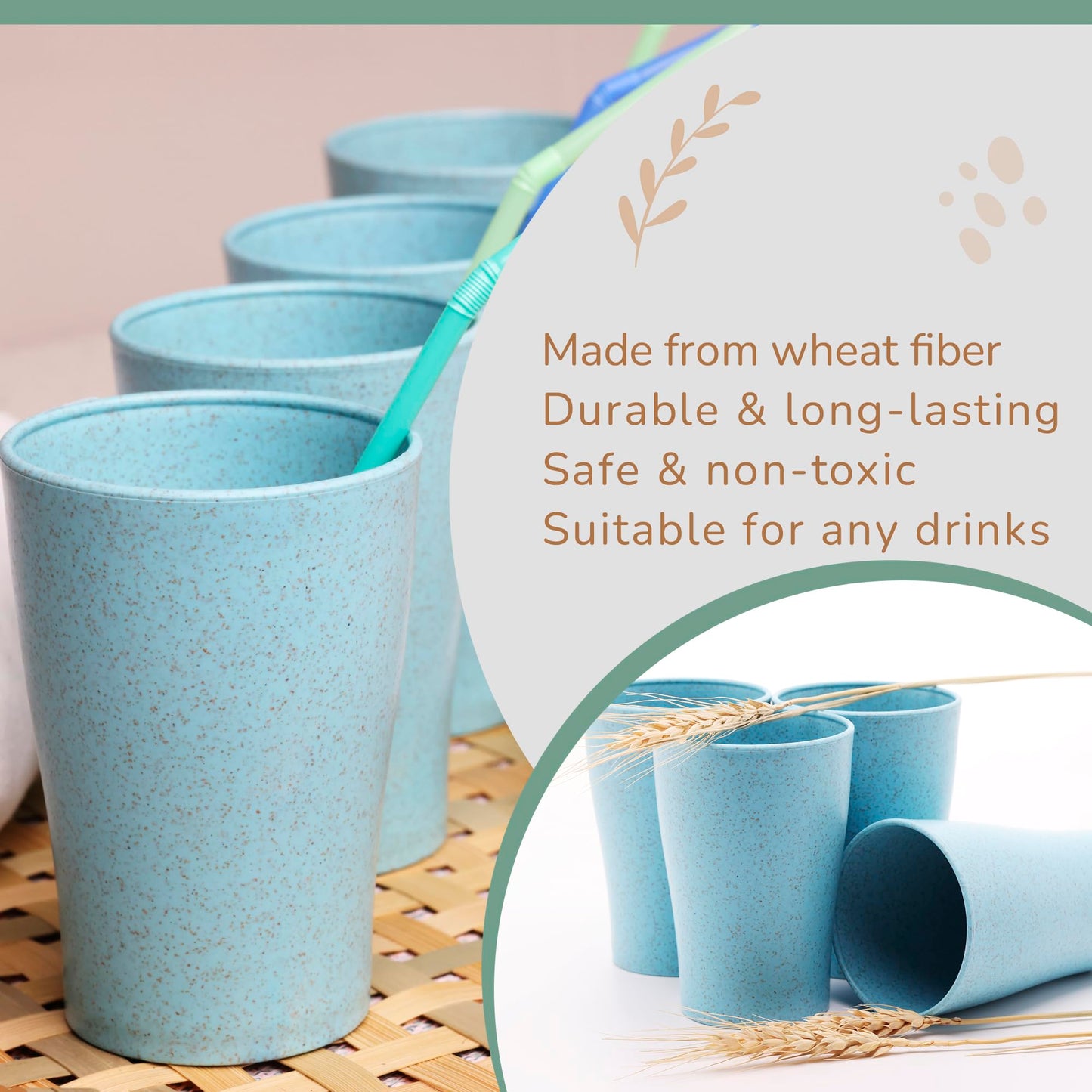 Wheat Straw Cups Set of 4 PCS - Lightweight Wheat Straw Fiber Drinking Glasses - Microwave & Dishwasher Safe - Wheat Straw Dinnerware Sets