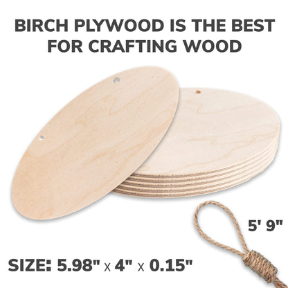 6x4 Inch Oval Small Wood Signs with Rope - 6 Pcs Birch Plywood Unfinished Wooden Plaques for Crafts - Unfinished Wood Ornament Blanks