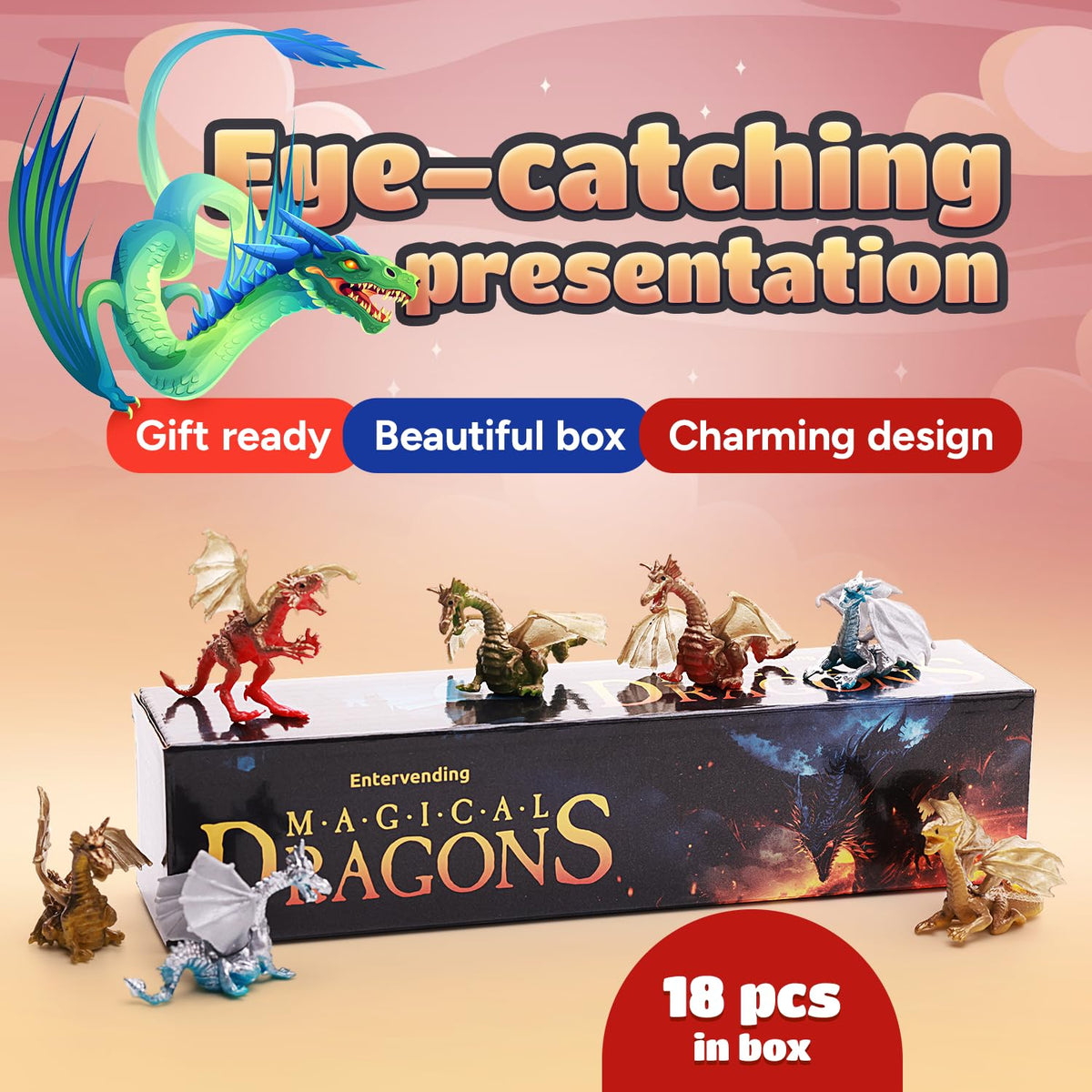 18 Pcs Dragon Playset in The Box - Dragon Figurine for Party Favors - Classroom Prizes Pinata Stuffers - Dragon Toy Goodie Bag Supplies