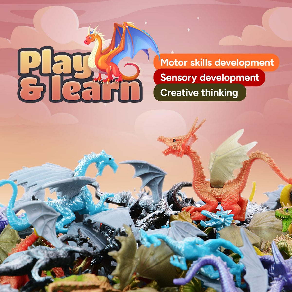 18 Pcs Dragon Playset in The Box - Dragon Figurine for Party Favors - Classroom Prizes Pinata Stuffers - Dragon Toy Goodie Bag Supplies