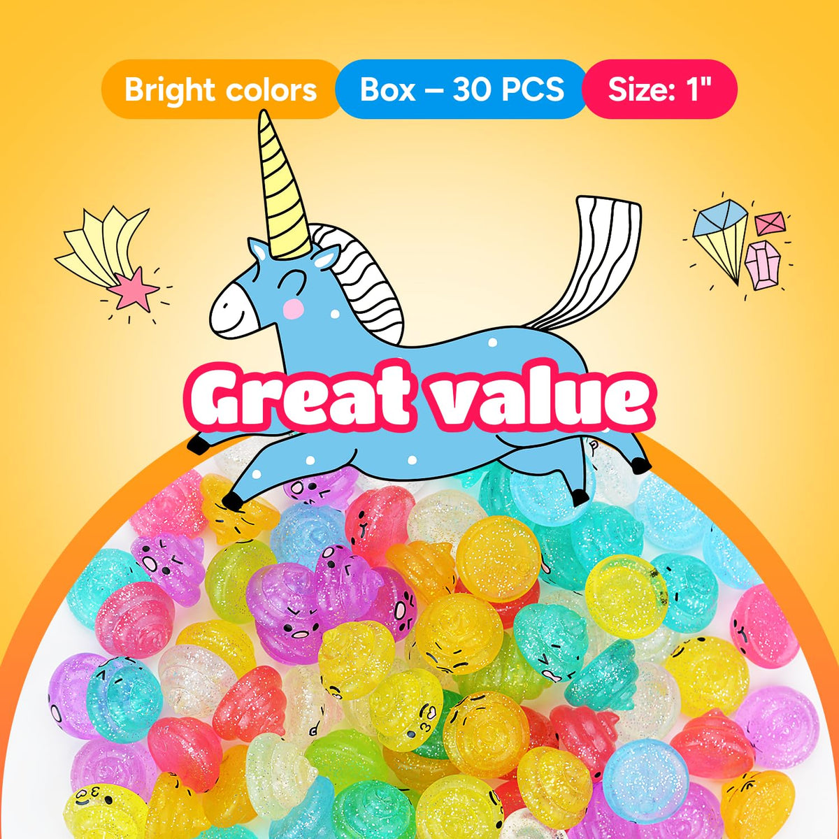 Unicorn Mini Toys in Gift Box - Party Favors - 30 pcs - Glitter Poop Emoji Party Supplies - Shimmering Rainbow Emoji Mini Toys - Vending Machine
