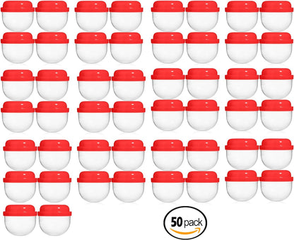 50 RED Vending Machine Capsules 2", Empty Acorn Cases for Gumball Containers, Toy Stands, and Party Favors, Red Colored Lids and Clear Bottoms