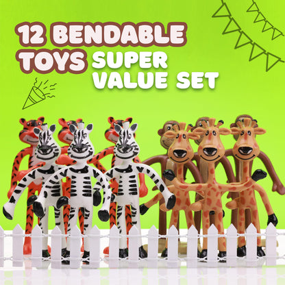 Bendable Zoo Animals 12 pcs 4 inch Wild Animal Toys in 4 Designs - Flexible Safari Animals Figures Party Favors Jungle Animals - Pinata Stuffers Rainforest Animals Figures Stress Educational Toys