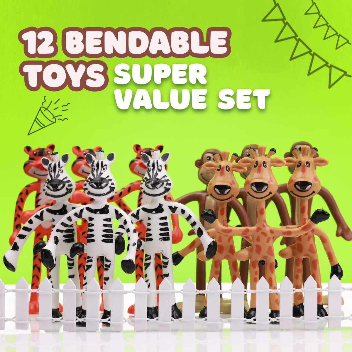 Bendable Zoo Animals 12 pcs 4 inch Wild Animal Toys in 4 Designs - Flexible Safari Animals Figures Party Favors Jungle Animals - Pinata Stuffers Rainforest Animals Figures Stress Educational Toys