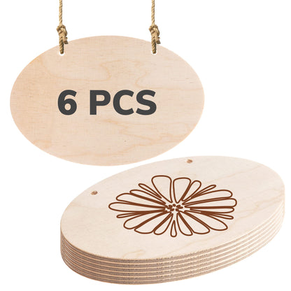 6x4 Inch Oval Small Wood Signs with Rope - 6 Pcs Birch Plywood Unfinished Wooden Plaques for Crafts - Unfinished Wood Ornament Blanks