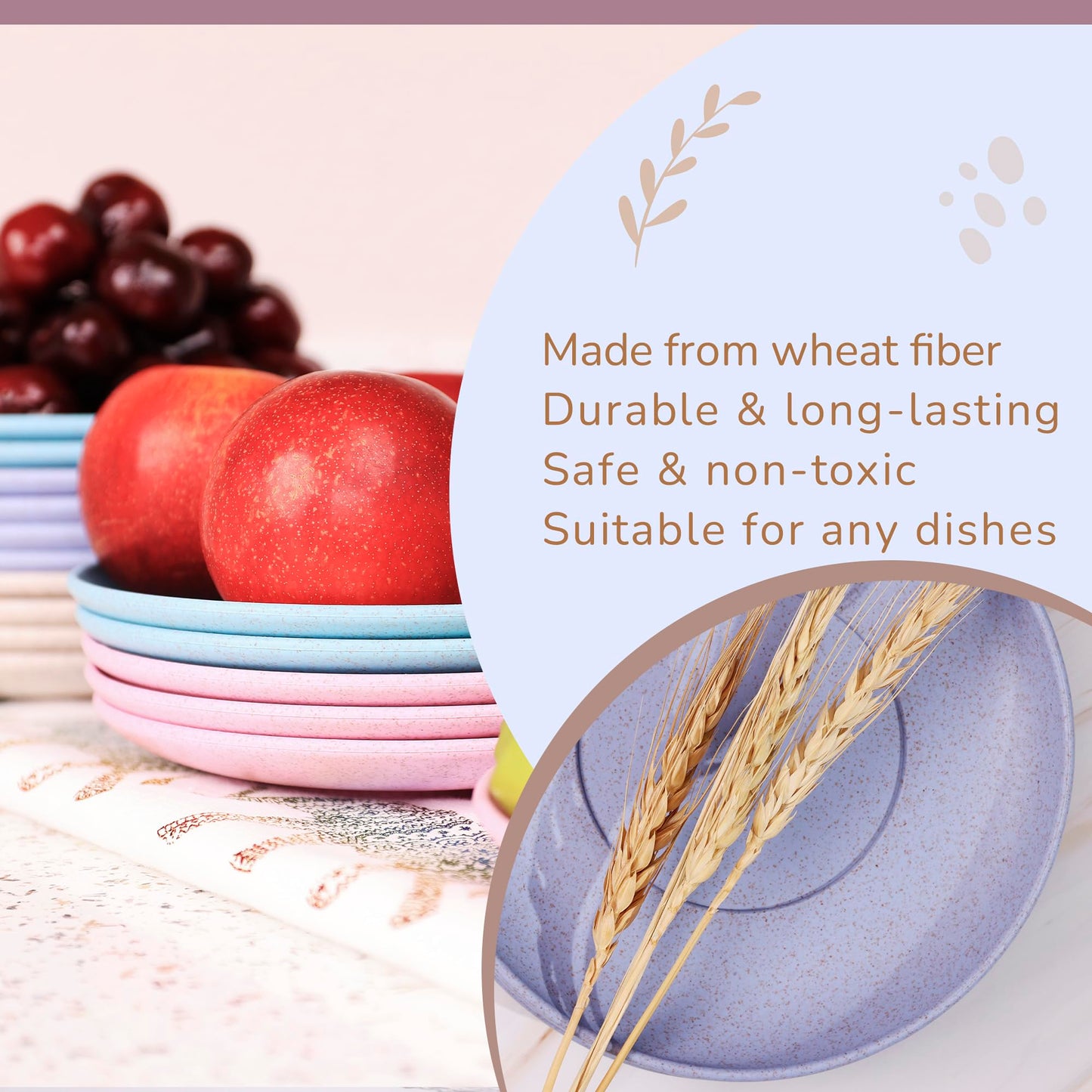 Wheat Straw Plates, Set of 4, Light Weight & Reusable, 4 Colors, Dishwasher & Microwave Safe