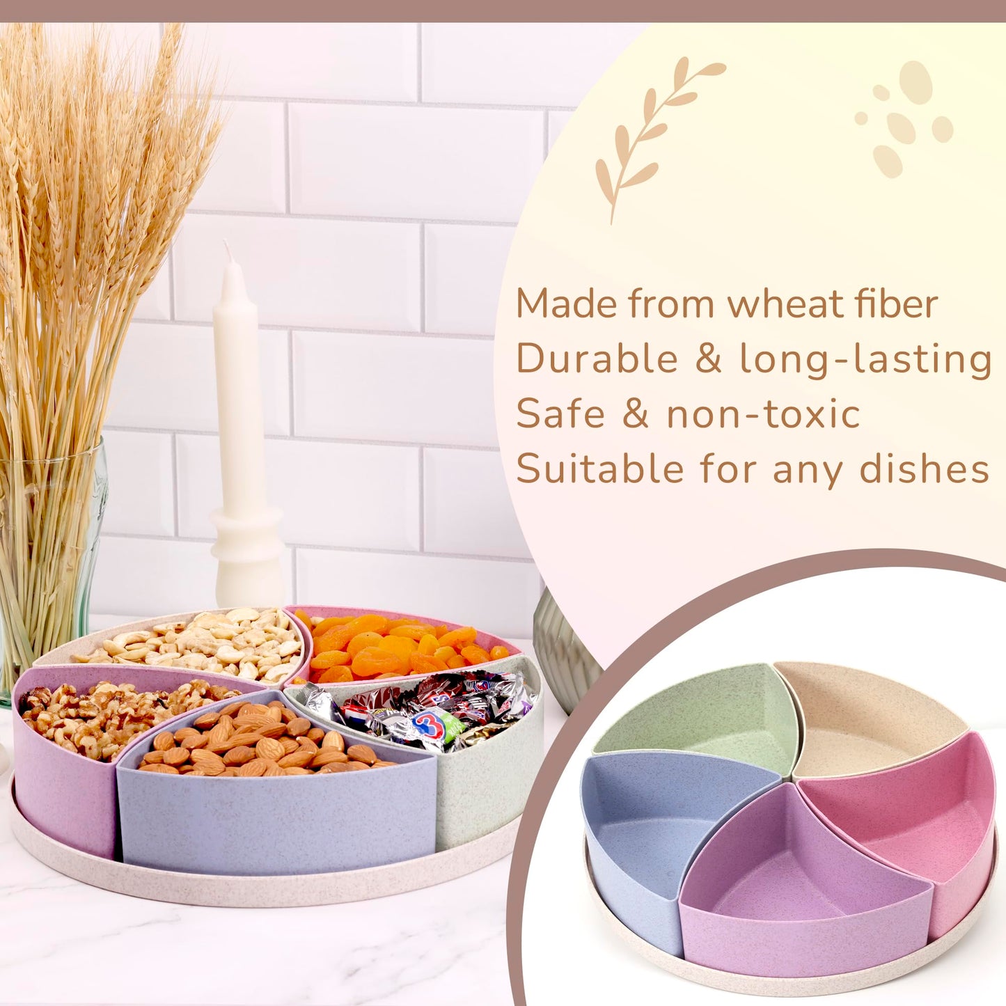 Wheat Straw Serving Tray with Lid – Divided Serving Tray, Food Tray - Snack Box, Compartment Bowls- Party Serving Platter