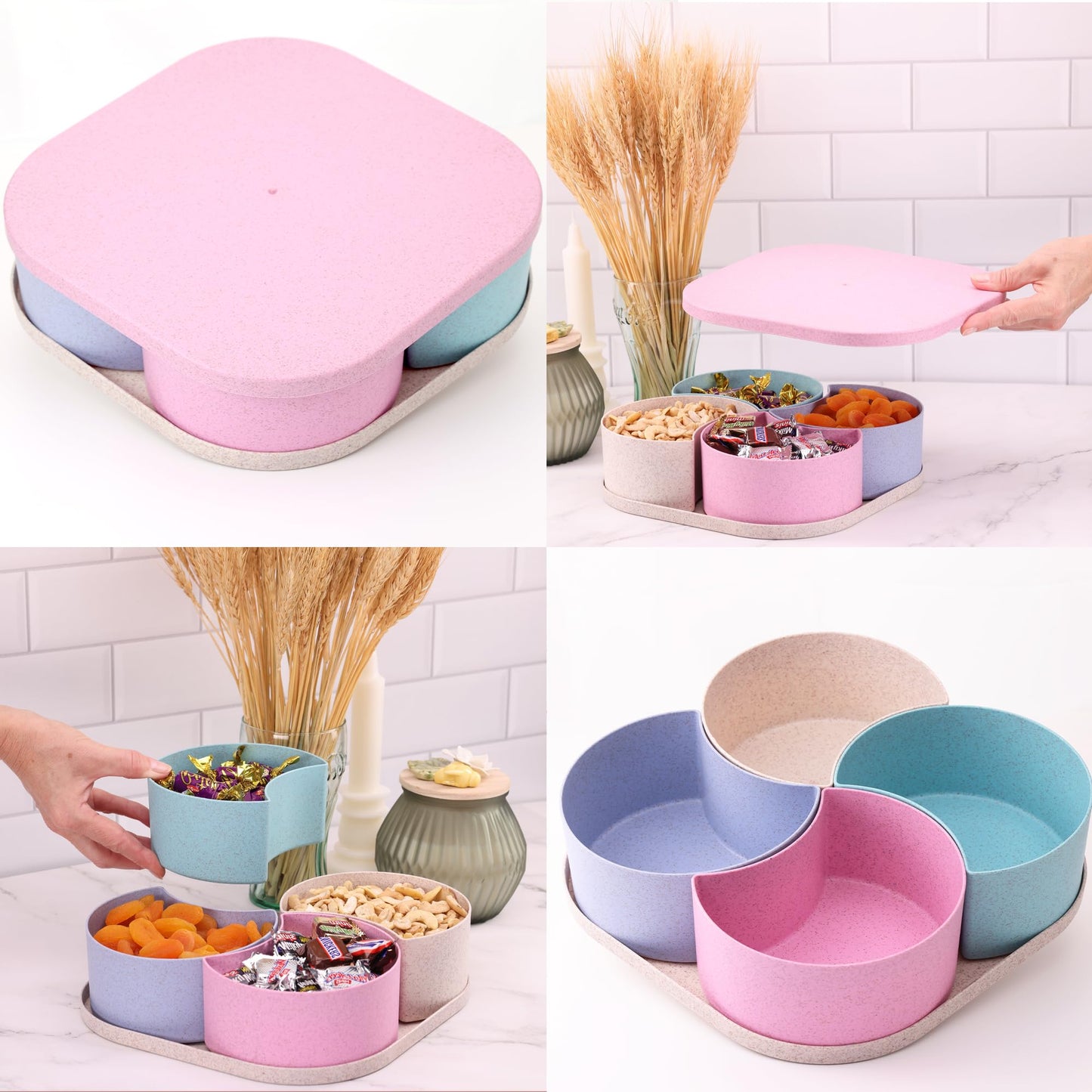 Wheat Straw Serving Tray with Lid – Divided Serving Tray, Food Tray - Snack Box, Compartment Bowls- Party Serving Platter