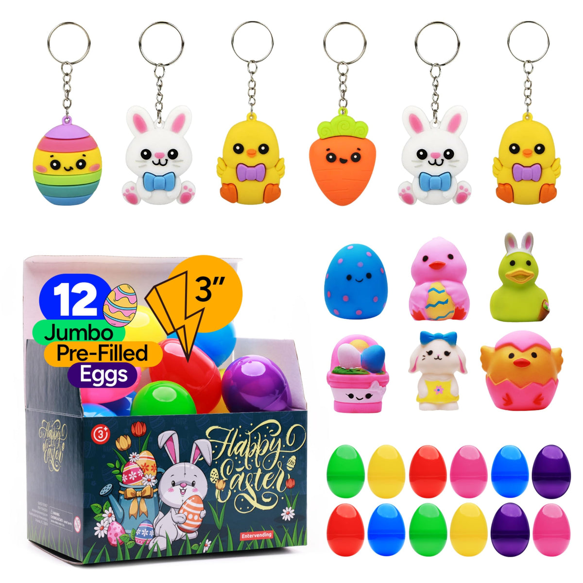 Easter Eggs with Toys - Large 3" Plastic Easter Eggs in Box - Easter Gifts for Kids - Easter Eggs Filled with Surprise Toy