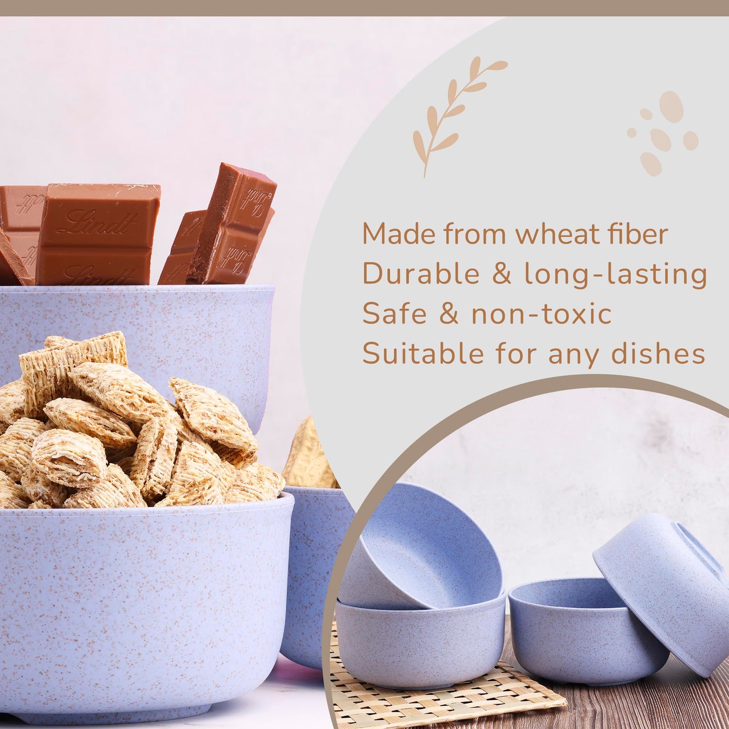 Wheat Straw Bowls Set of 4 Lightweight Reusable Plates - Microwave & Dishwasher Safe - Wheat Straw Dinnerware Sets - Cereal Bowl - Ramen Bowl Set