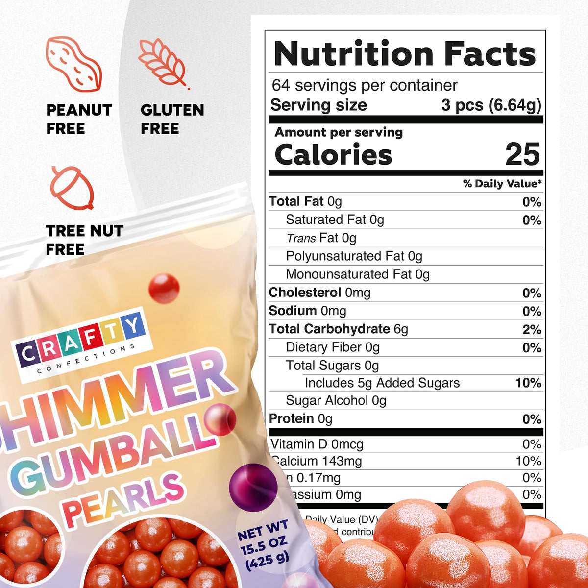 Shimmer Gumballs for Gumball Machine Pearl Assorted Candy - Fruit Flavored Gum 190 pcs 15 oz Chewing Gum - Nostalgic Bubble Gum for Kids, Party Favors Easter Basket Sweet Treats, 16mm (0.62 inch) (Orange)