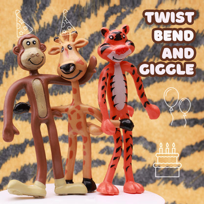 Bendable Zoo Animals 12 pcs 4 inch Wild Animal Toys in 4 Designs - Flexible Safari Animals Figures Party Favors Jungle Animals - Pinata Stuffers Rainforest Animals Figures Stress Educational Toys