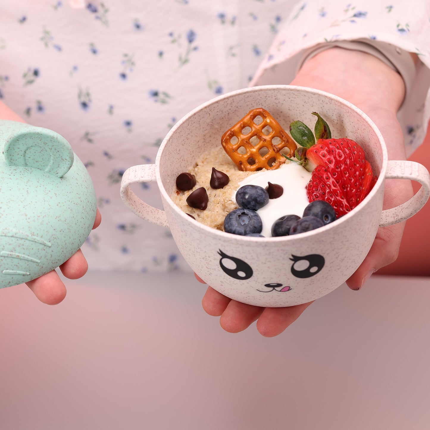 Wheat Straw Bowl with Lid and Spoon for Kids, Cute Design, 3 colors