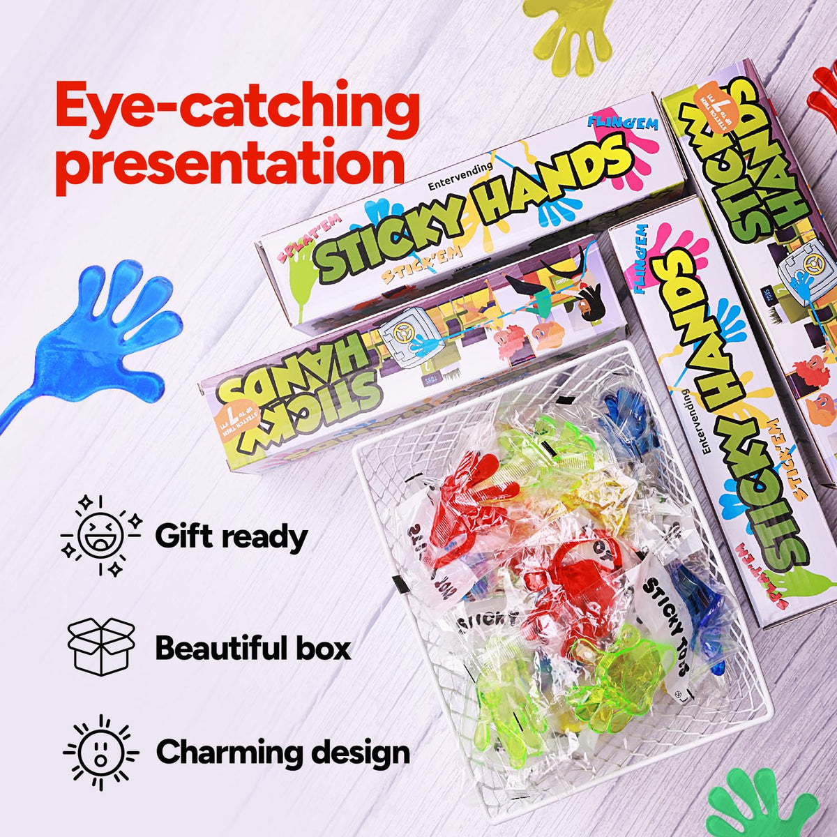 Sticky Hands for Kids - 12 Pcs Slappy Hands in Gift Box - Stretchy Toys - 7 Inch - Sensory Toy - Fidget Party Favors Classroom Prizes - Easter Egg Fillers